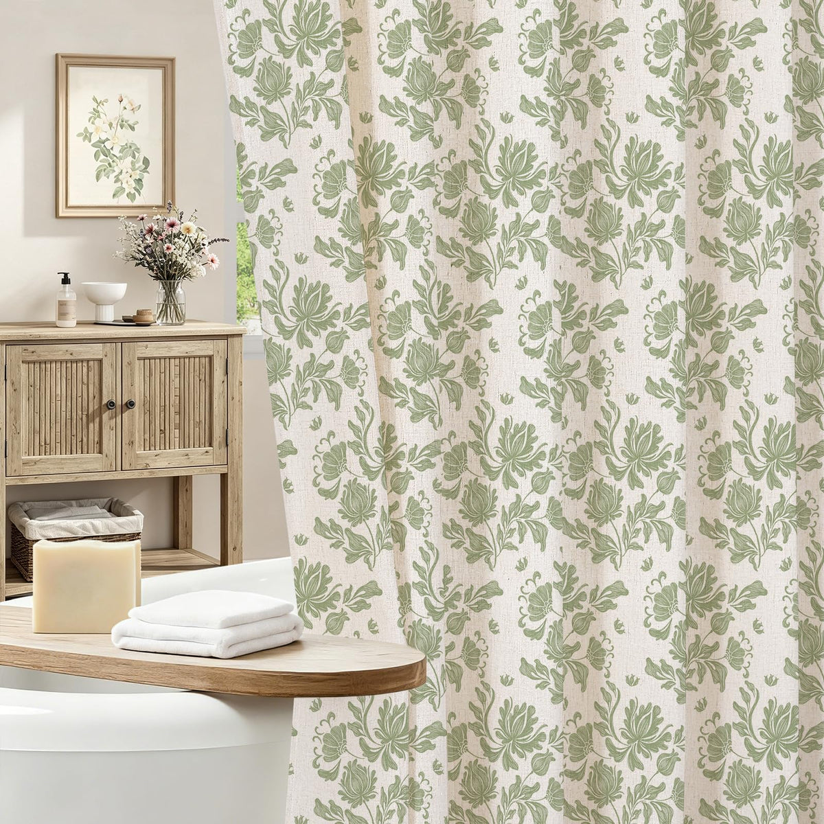 MitoVilla Sage Linen Farmhouse Shower Curtain, Vintage Boho Floral 72x72