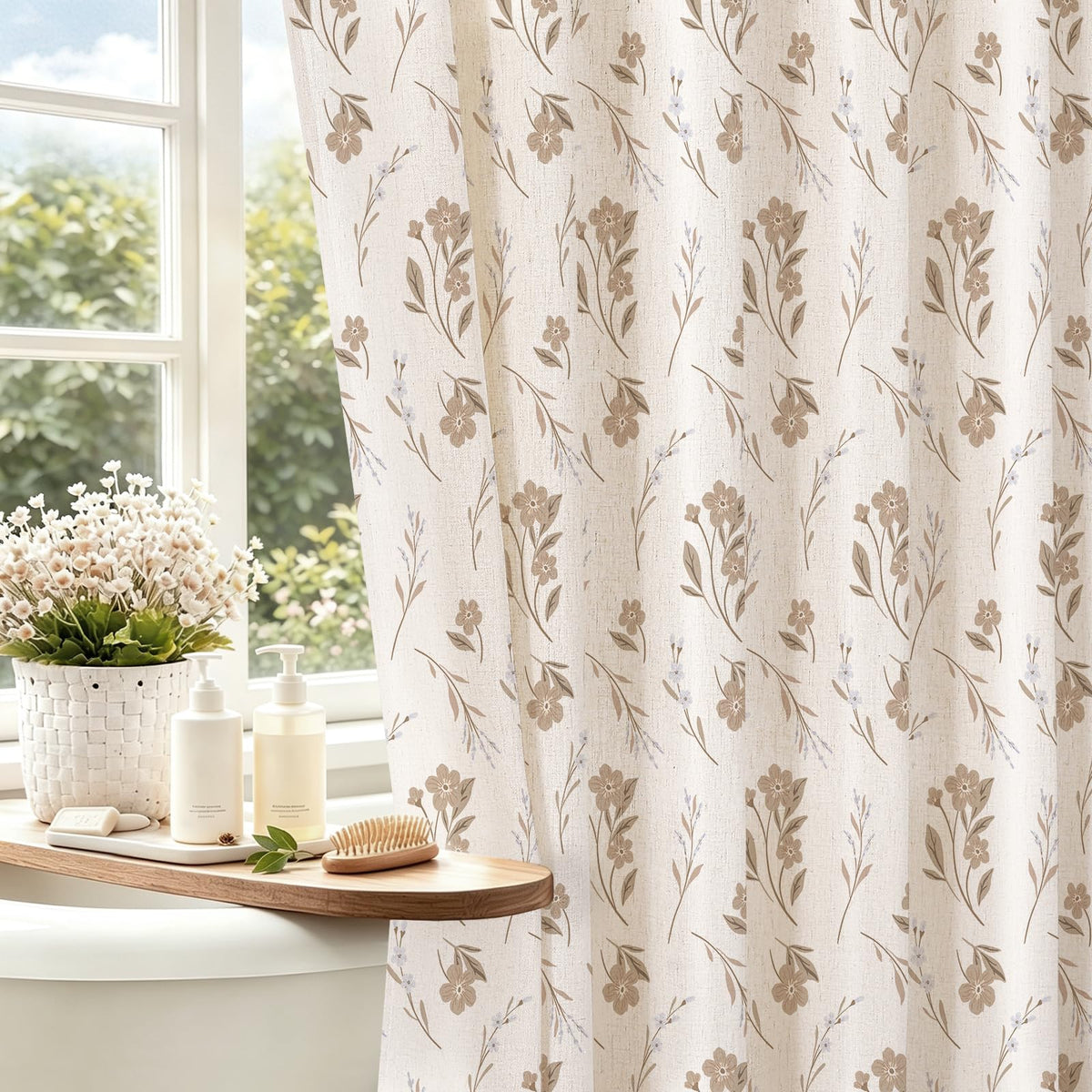 Blue Linen Farmhouse Shower Curtain, Vintage Boho Floral 72x72