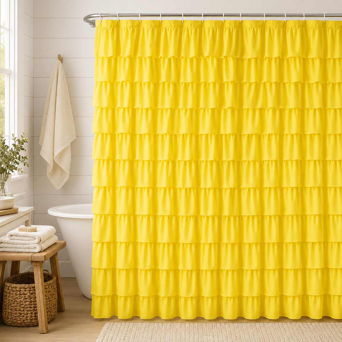 White Ruffle Shower Curtain for Bathroom,72 x 72 Inches, Farmhouse Style