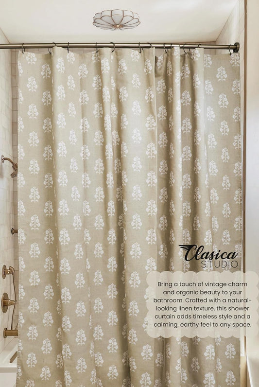 Vintage Neutral Floral Extra Long Shower Curtain – 84" Length, Cottagecore Bathroom Decor, Elegant Botanical Design