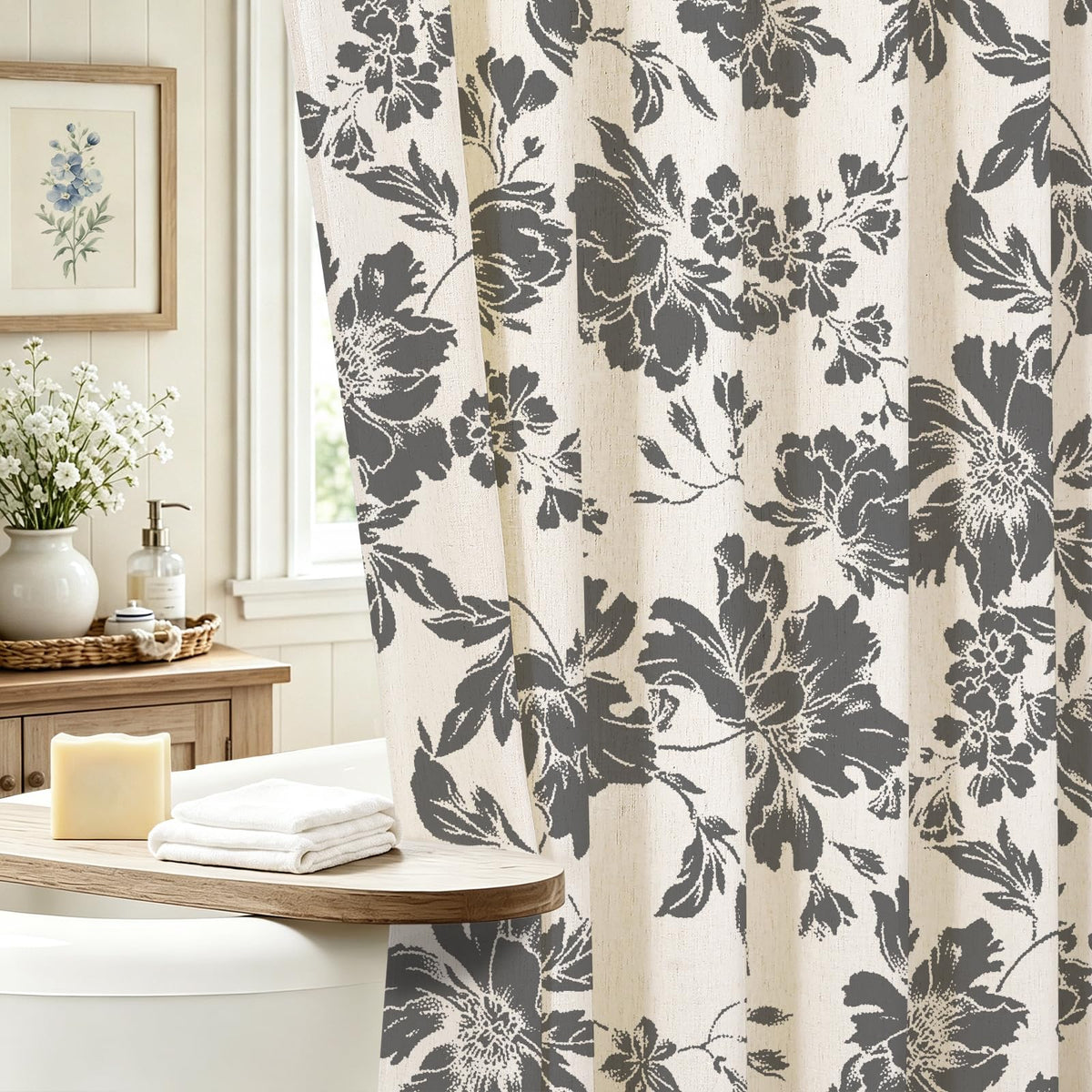 Sage Farmhouse Boho Botanical Floral Linen Shower Curtain, 72x72