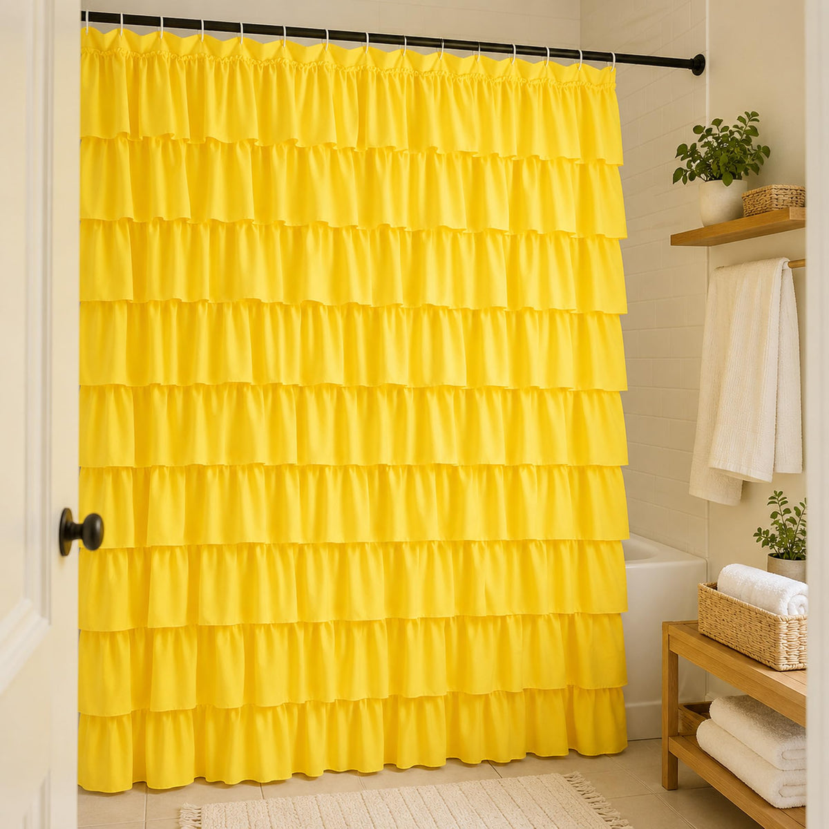 White Ruffle Shower Curtain for Bathroom,72 x 72 Inches, Farmhouse Style