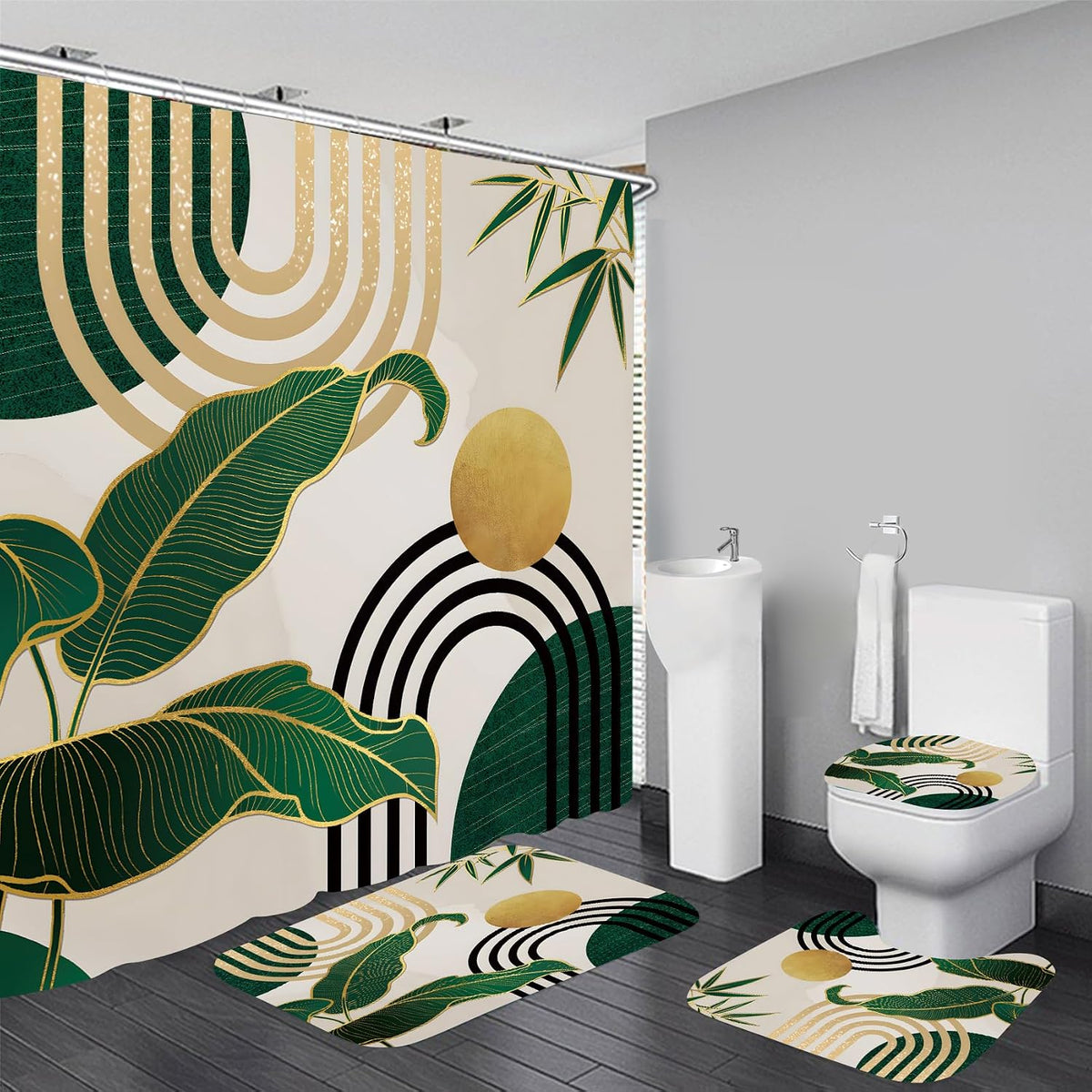 LQCOOL 4pcs Boho Shower Curtain Set with Rugs Green Leaf Bathroom Set
