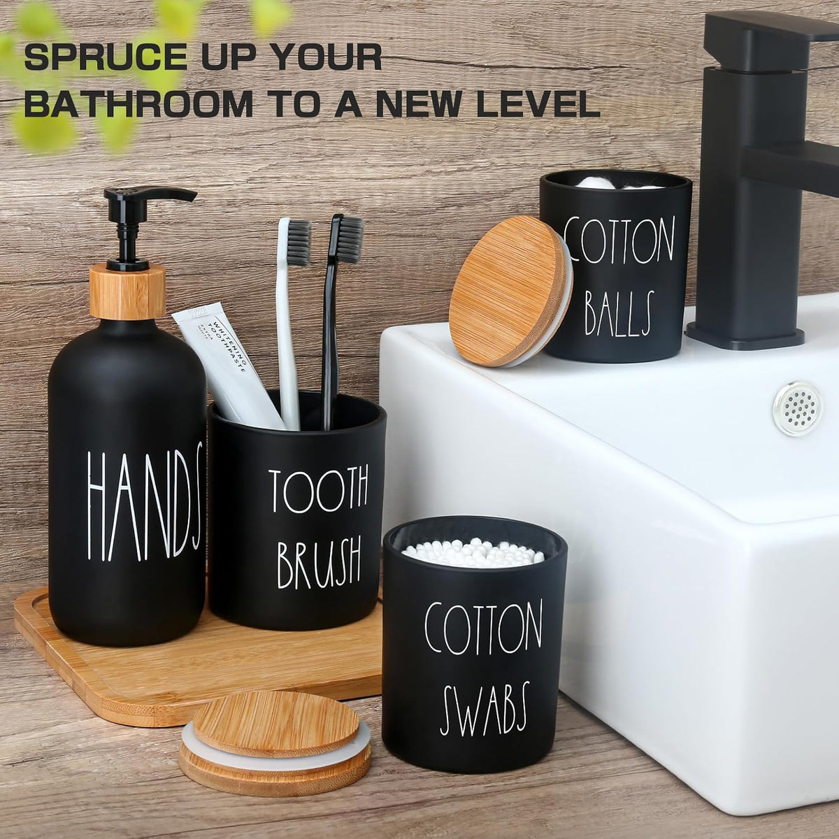 Matte Black Bathroom Accessories Set, 5 Pcs Glass Bathroom Accessory Set with Bamboo Tray, Soap Dispenser and Toothbrush Holder Set, Qtip Holder Set, Farmhouse Boho Bathroom Set Complete