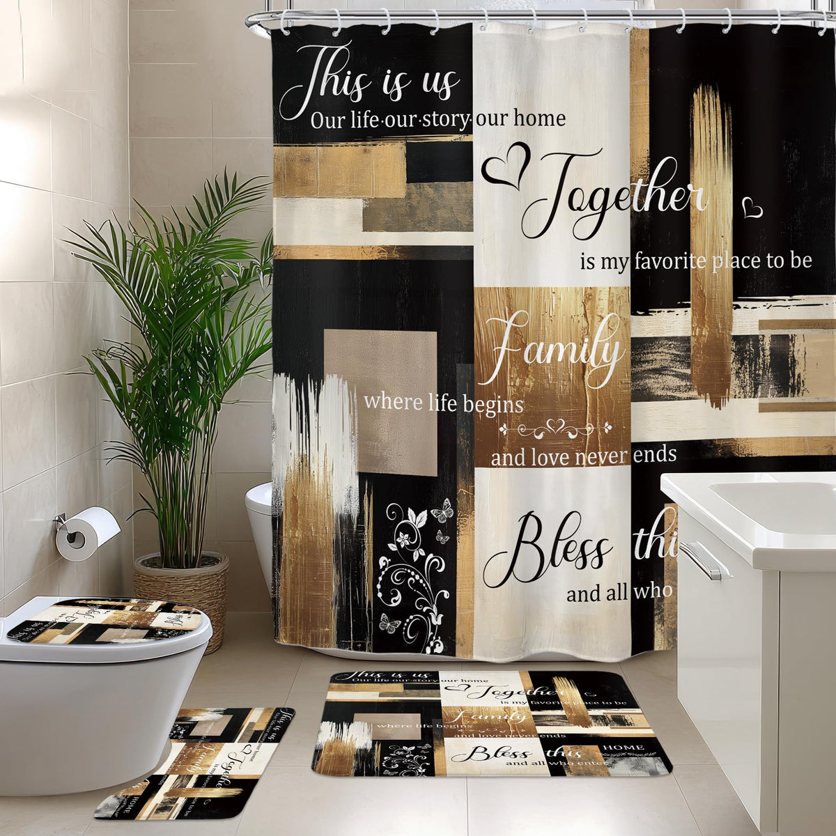 Black Gold Abstract Modern Oil 4Pcs Bathroom Shower Curtain Set with Rugs