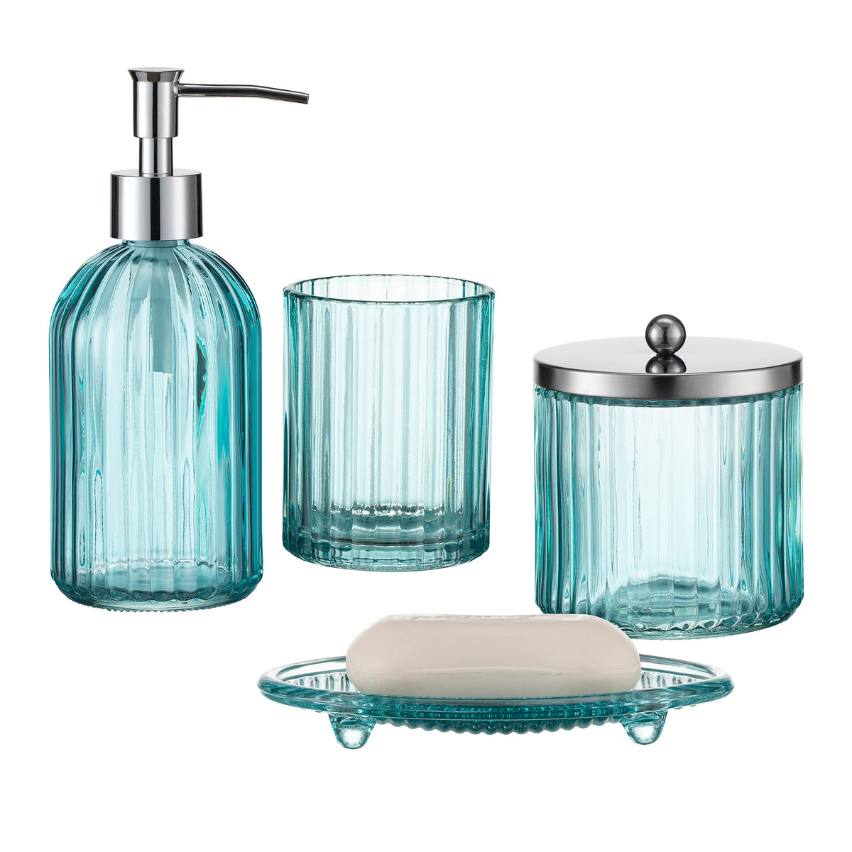 4PCs Heavy Weight Decent Glass Bathroom Accessories Set with Decorative Pressed Pattern - Includes Hand Soap Dispenser & Tumbler & Soap Dish & Toothbrush Holder (Brown)