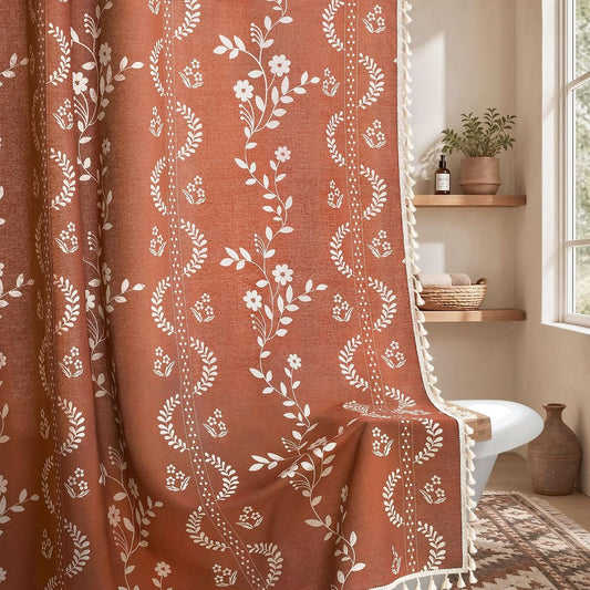 Boho Terracotta Vintage Shower Curtain with Tassels 72 x 72 Inch