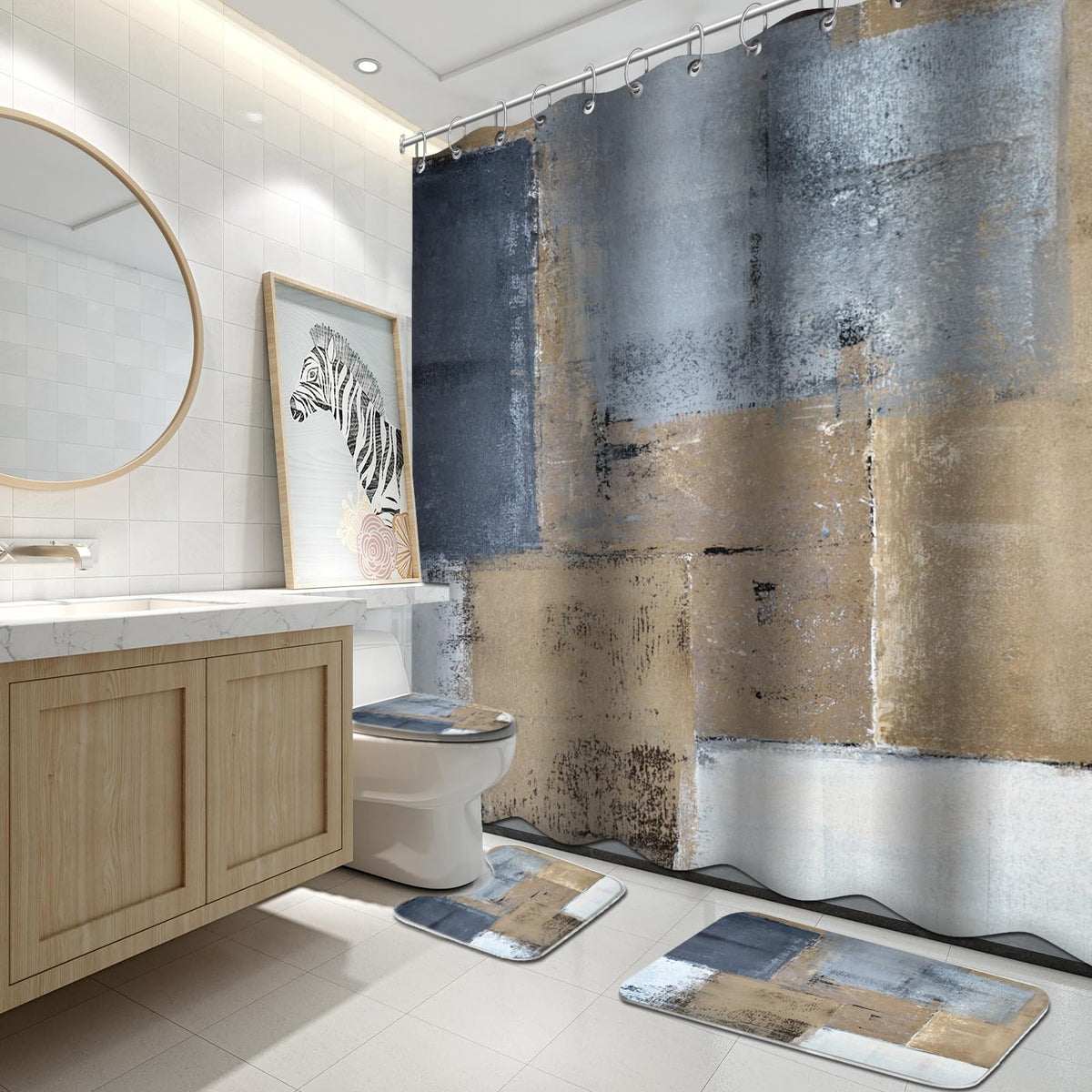 Lnond 4Pcs Bathroom Shower Curtain Sets with Rugs,Orange Modern Painting Art Bathroom Sets with Shower Curtain and Rugs and Accessories
