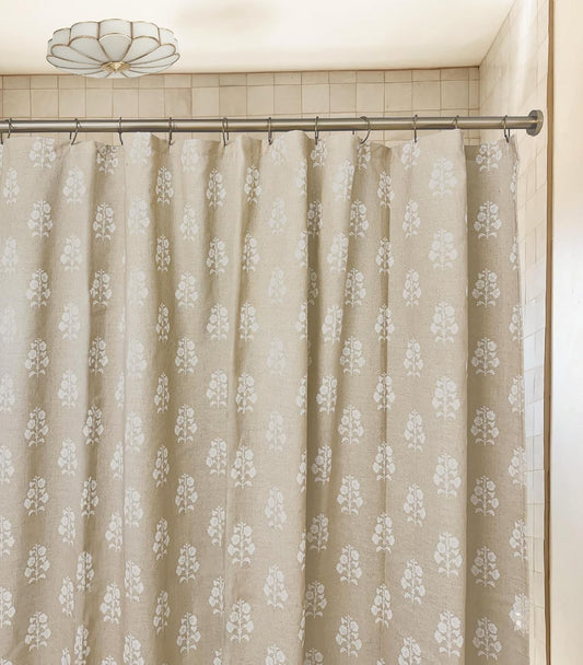 Vintage Neutral Floral Extra Long Shower Curtain – 84" Length, Cottagecore Bathroom Decor, Elegant Botanical Design