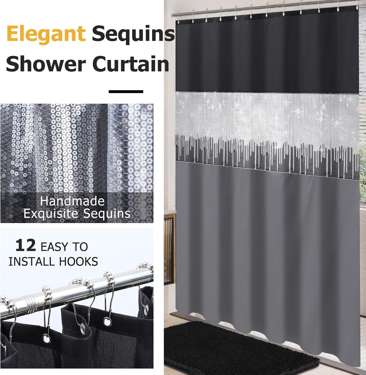 XLHOMO Bathroom Sets with Shower Curtain and Rugs,24PCS Black Bathroom Set Shower Curtain Set with Bathroom Trash Can Bathroom Accessories