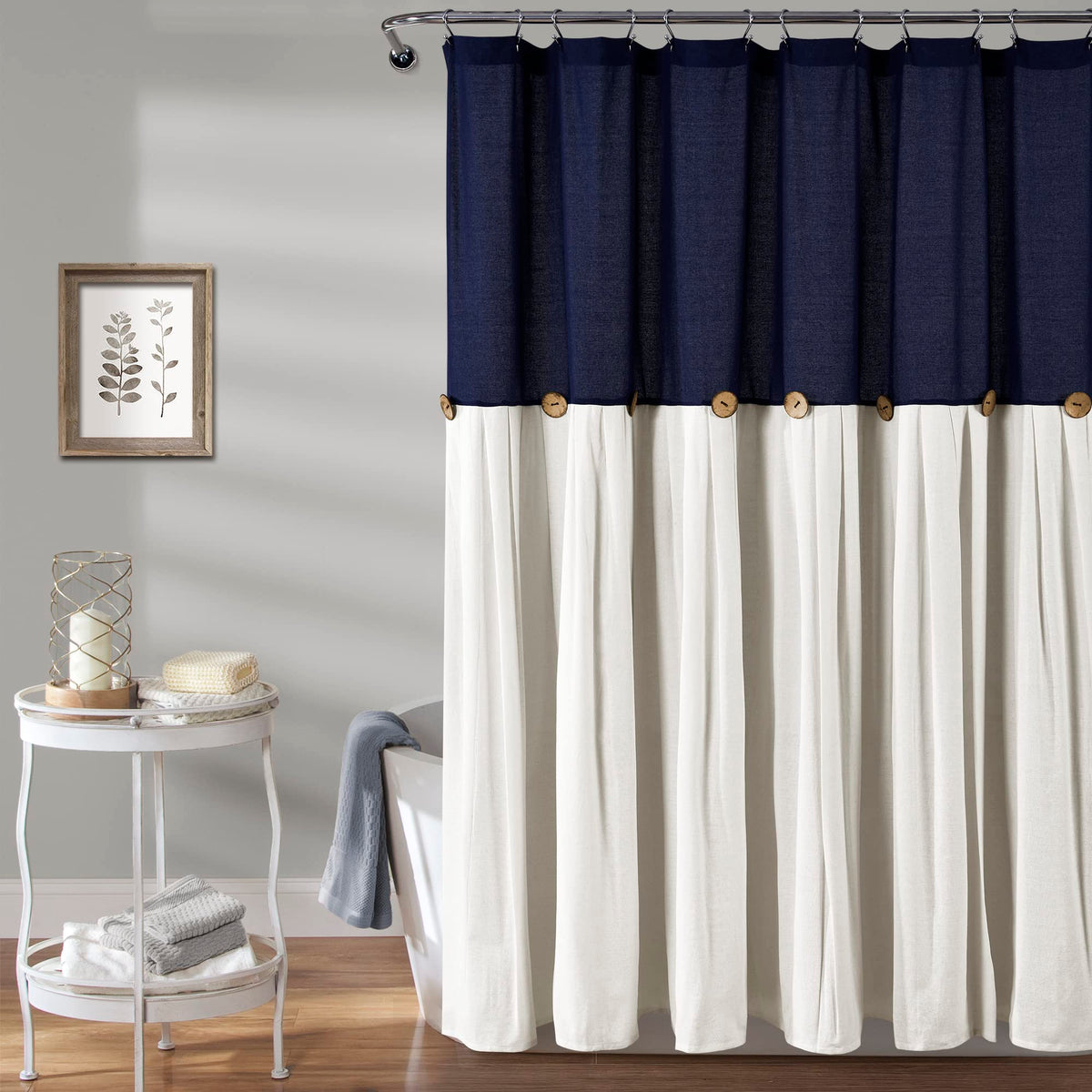Lush Decor Linen Button Shower Curtain, 72" W x 72" L, Linen - Neural Shower Curtain Fabric - Bathroom Curtain - Farmhouse Bathroom Decor