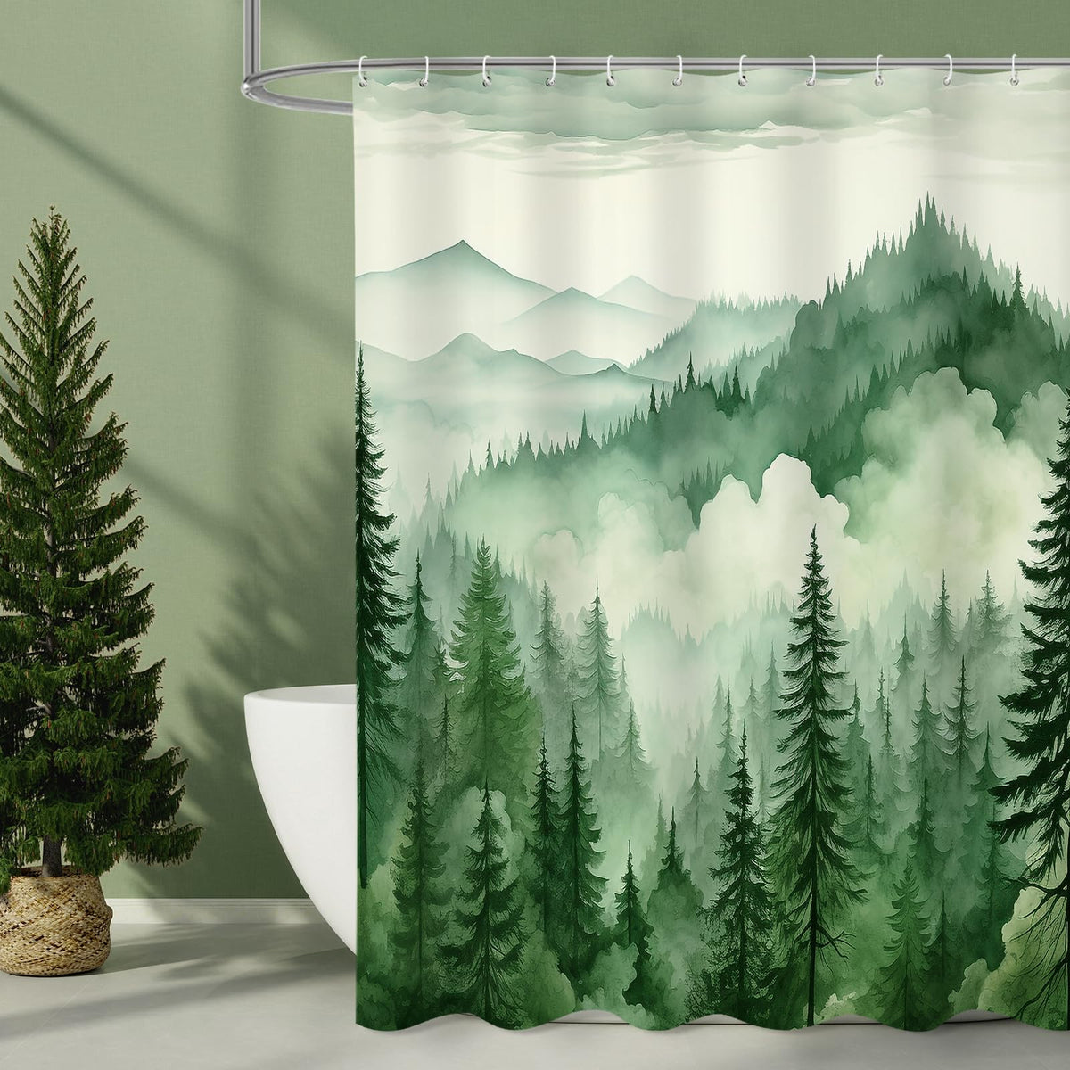Dark Green Pine Forest Shower Curtain, Misty Woodland, 72 x 72 Inches