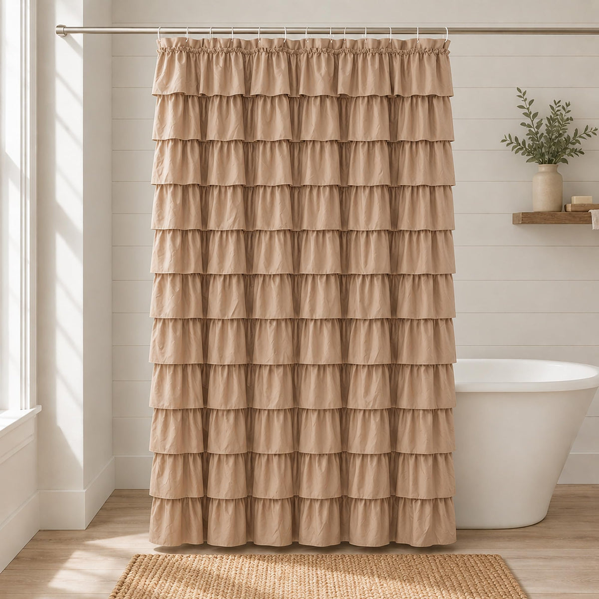 White Ruffle Shower Curtain for Bathroom,72 x 72 Inches, Farmhouse Style