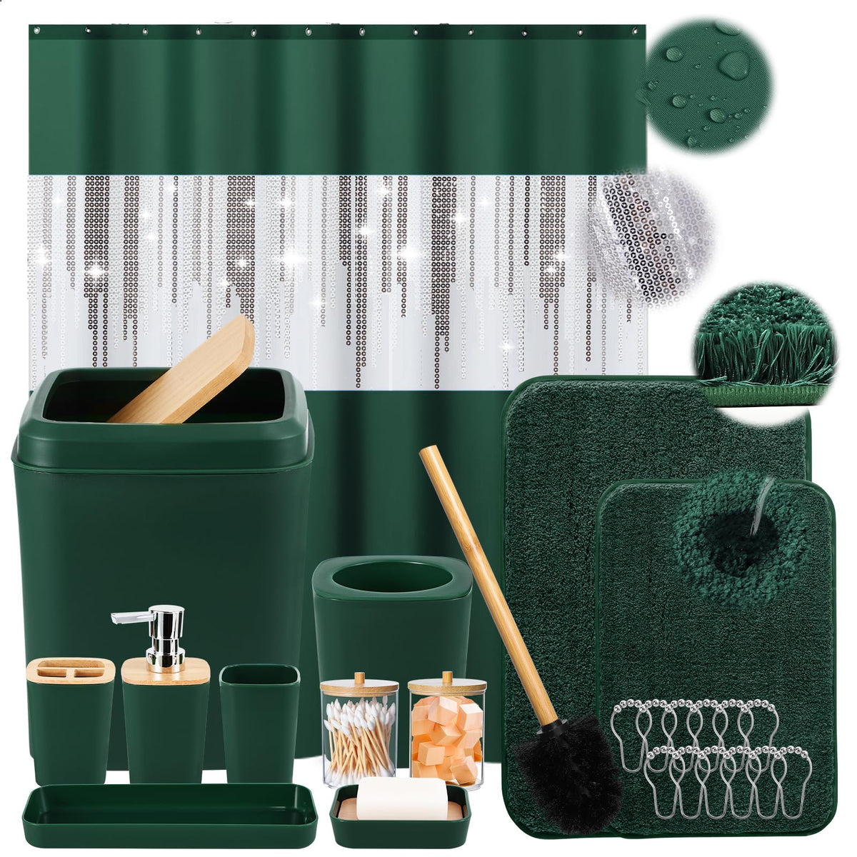 XLHOMO Bathroom Sets with Shower Curtain and Rugs,24PCS Black Bathroom Set Shower Curtain Set with Bathroom Trash Can Bathroom Accessories