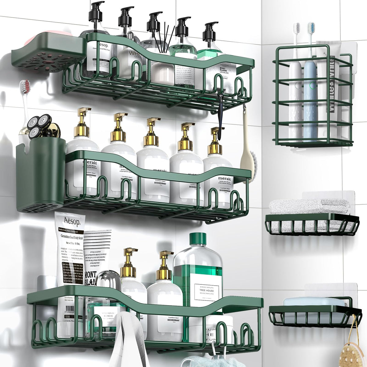 NESOMI Shower Caddy Adhesive Shower Organizer 7-Pack, Rustproof Stainless Steel Bathroom Shelves, Large Capacity No-Drill Rack Storage Accessories with Soap Dish Toothbrush Holder Hooks