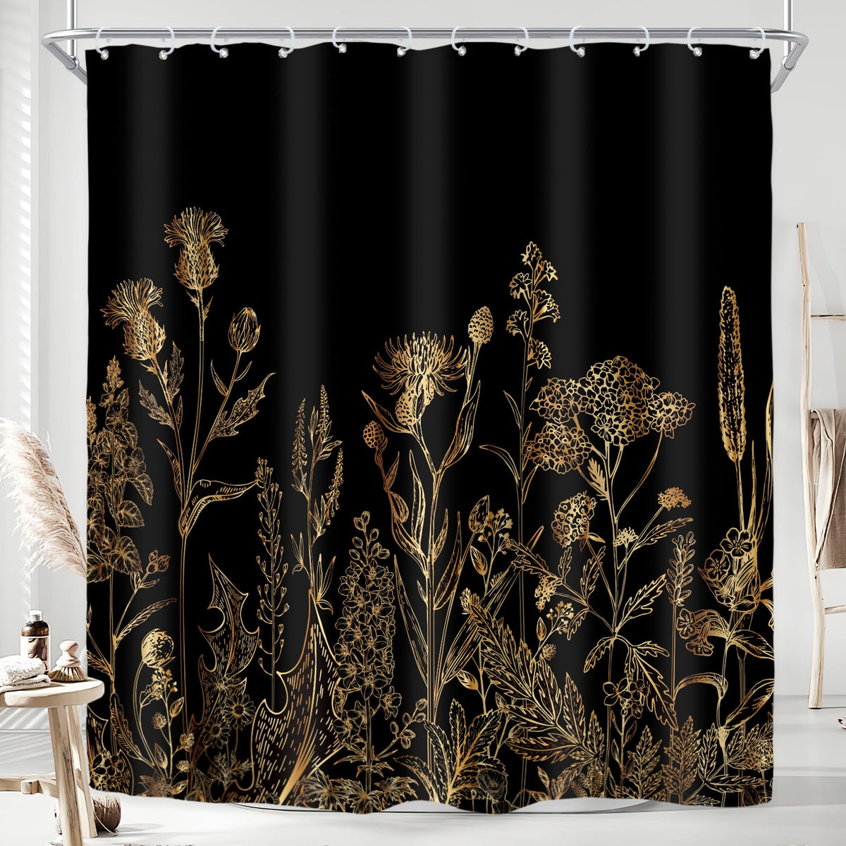 Sage Green Floral Wildflower Plant Herbs Nature Bathroom Shower Curtain Set