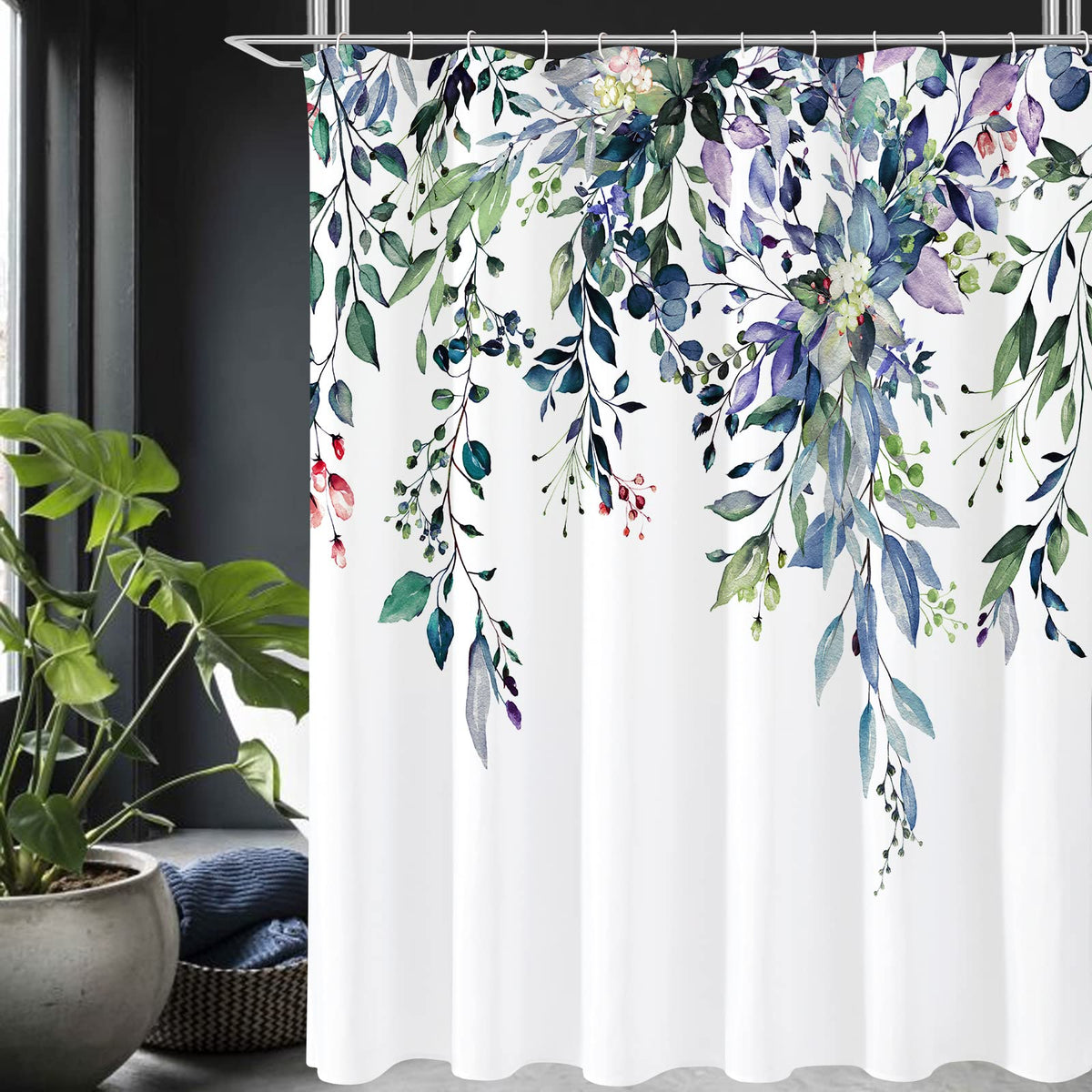 Gibelle Olive Green Eucalyptus Shower Curtain, Floral Print, 72x72