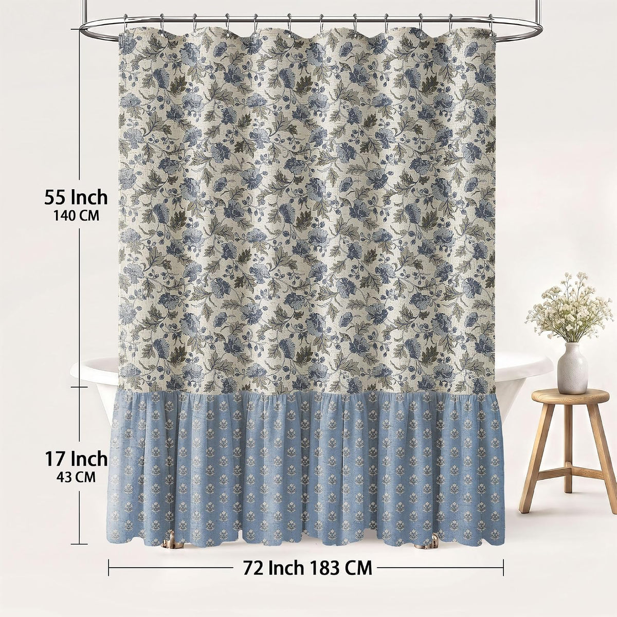 Blue Ruffle Farmhouse Floral Shower Curtain for Bathroom, 72"H x 72"W