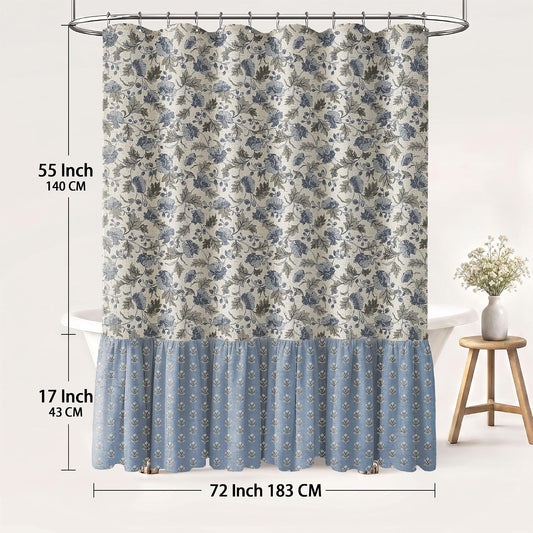 Blue Ruffle Farmhouse Floral Shower Curtain for Bathroom, 72"H x 72"W