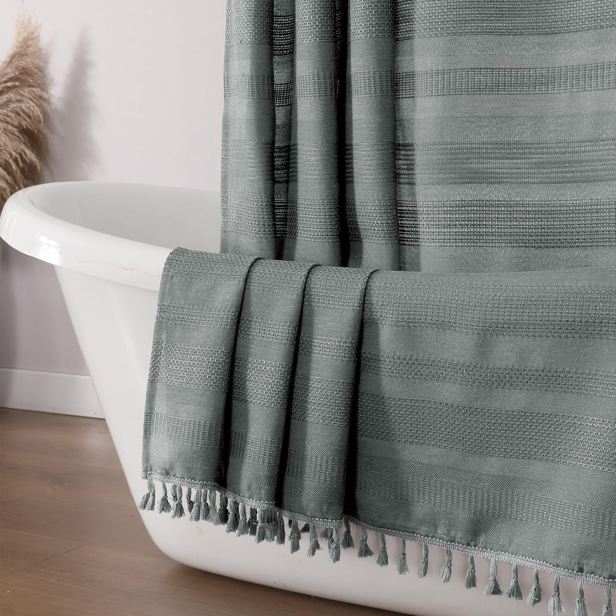 OVZME Extra Long Linen Shower Curtain - 84 Inch Long, Modern Farmhouse Heavy Duty Textured Soft Fabric, Rustic Country Boho Cloth Shower Curtain with Tassel for Bathroom Hotel, 72Wx84L Inches