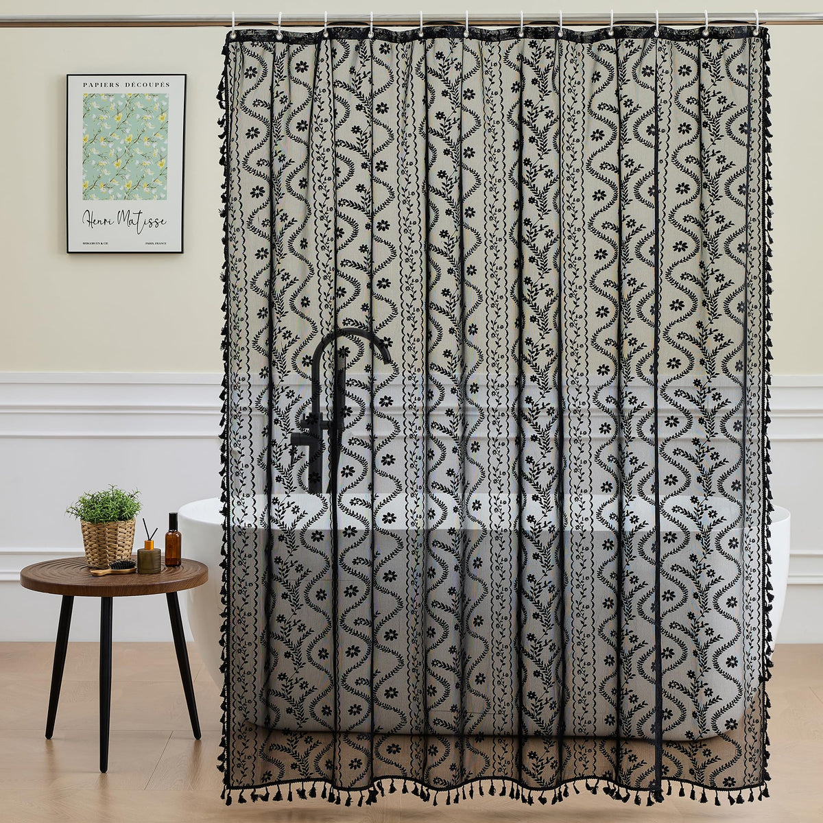 WAZZIO Terracotta Lace Shower Curtain for Bathroom 72" W x 84" L, Victorian Farmhouse Floral Pattern Tassel Fancy Shower Curtain Boho Washable Cloth Decorative Bath Curtains,1 Panel