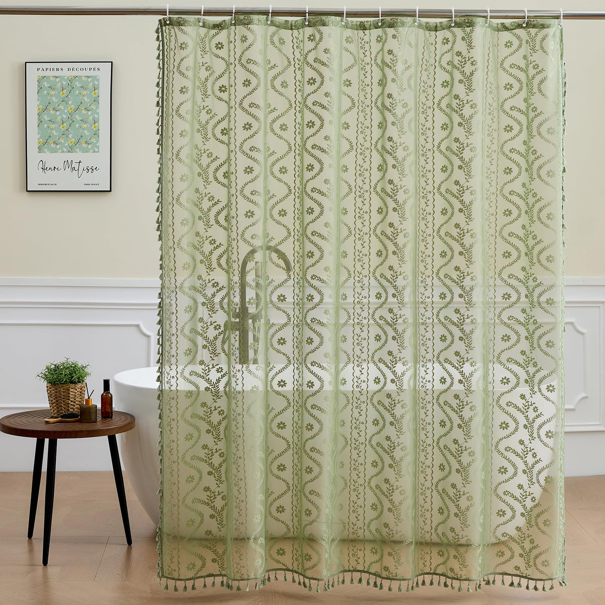 WAZZIO Terracotta Lace Shower Curtain for Bathroom 72" W x 84" L, Victorian Farmhouse Floral Pattern Tassel Fancy Shower Curtain Boho Washable Cloth Decorative Bath Curtains,1 Panel