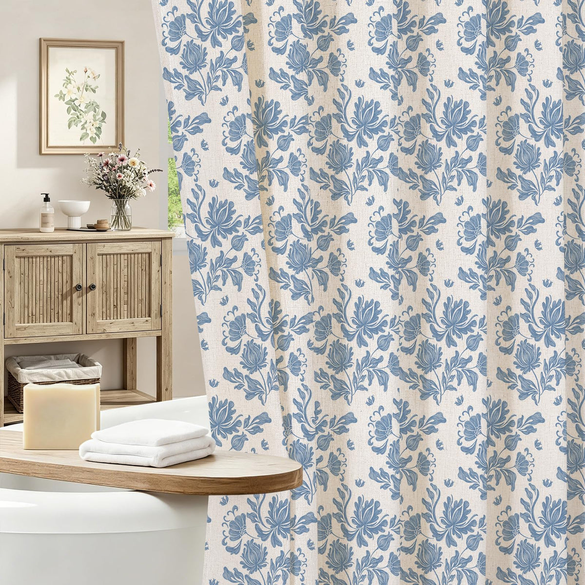 MitoVilla Sage Linen Farmhouse Shower Curtain, Vintage Boho Floral 72x72