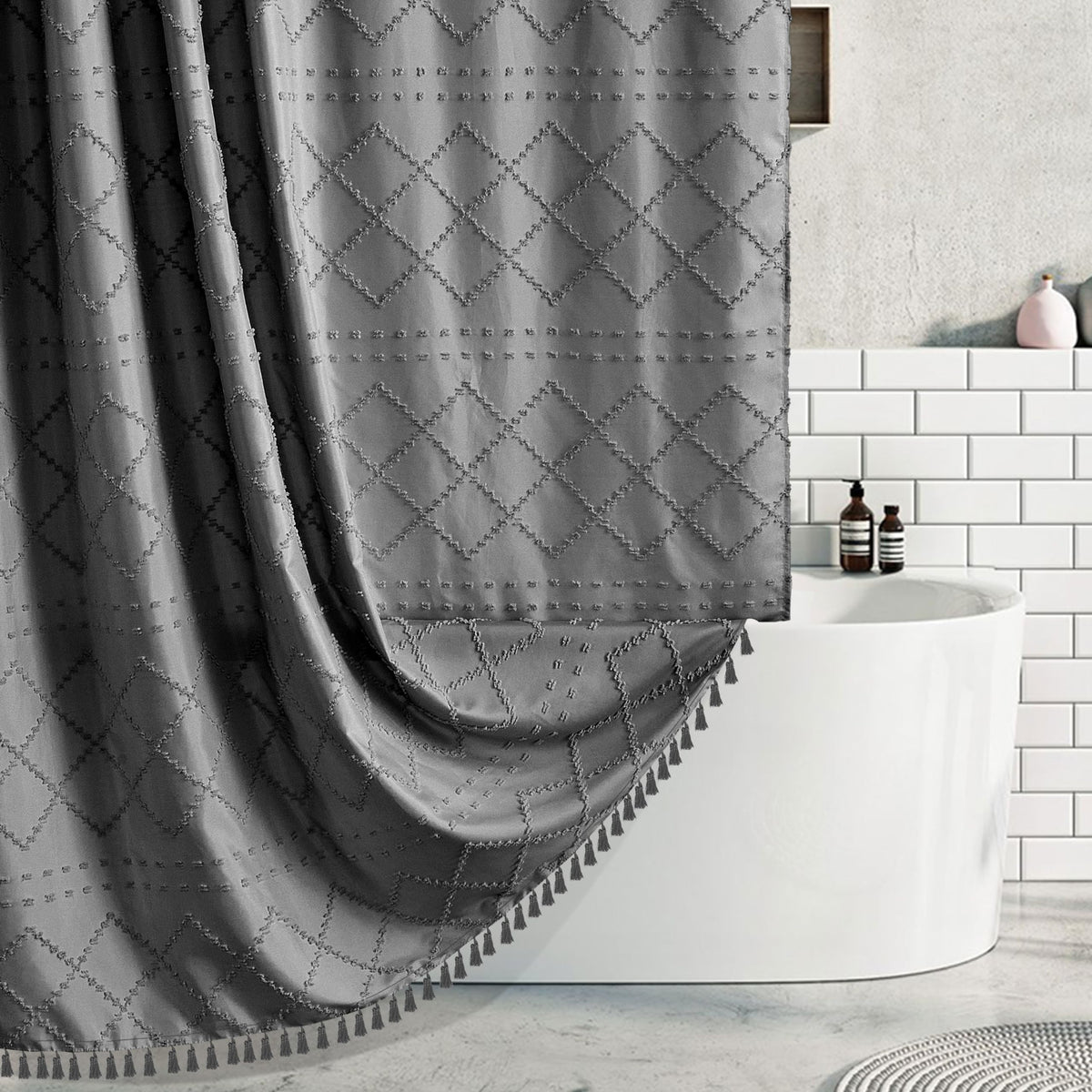 Siiluminisoy Sage Green Boho Shower Curtain Fabric Shower Curtain, 72 x 72 Tufted Chevron Textured Striped Modern Farmhouse Minimalist Cloth for Bathroom