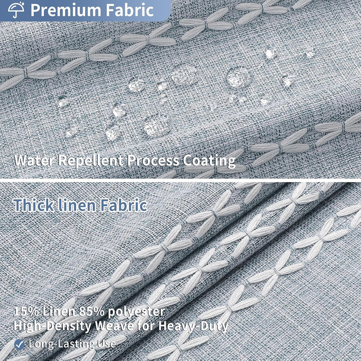 Boho Farmhouse Tassel Linen Shower Curtain,3D Embroidery Stripe Blue,72x72