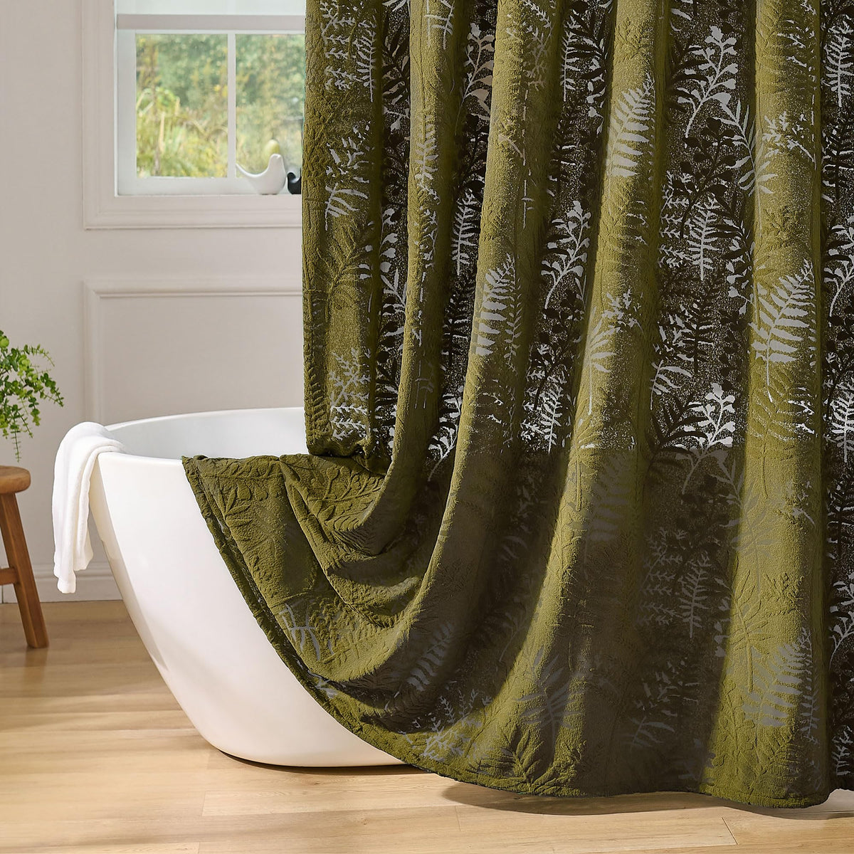 Olive Green Shower Curtain Lace Tropical Plant Textured Shower Curtain Sheer Farmhouse Fabric Shower Curtains for Bathroom 72 x 72