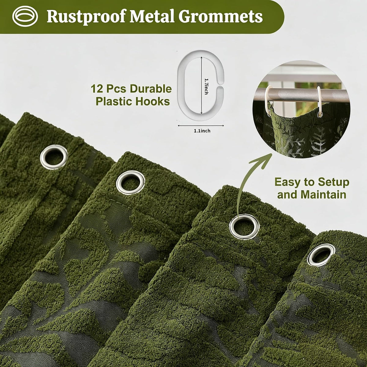 Olive Green Shower Curtain Lace Tropical Plant Textured Shower Curtain Sheer Farmhouse Fabric Shower Curtains for Bathroom 72 x 72