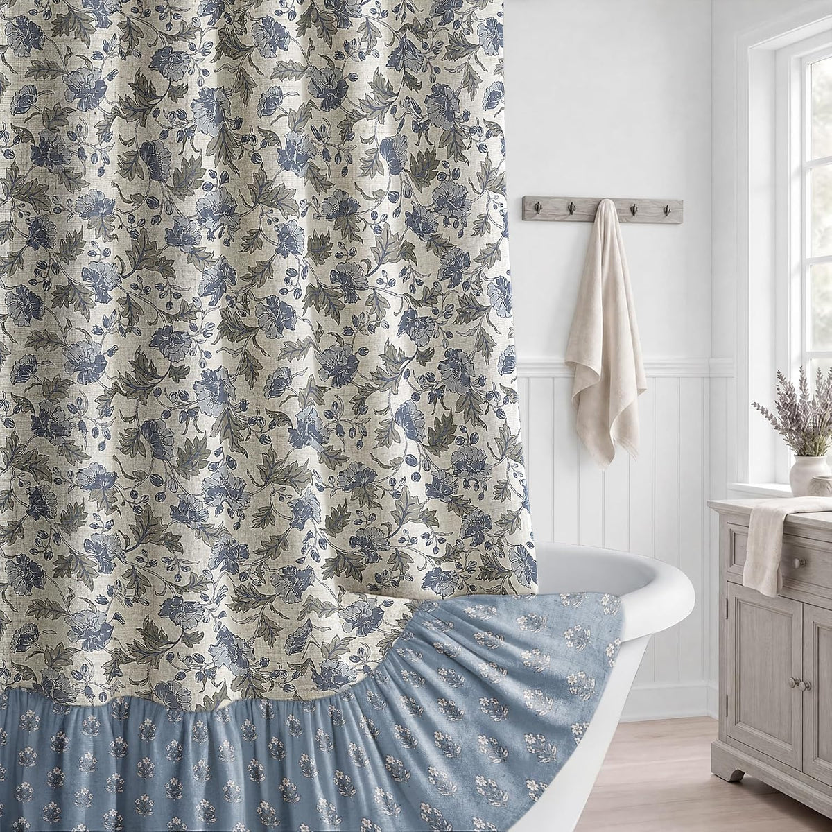 Blue Ruffle Farmhouse Floral Shower Curtain for Bathroom, 72"H x 72"W