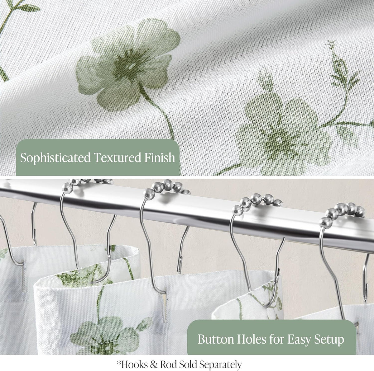 Martha Stewart 100% Cotton Floral Shower Curtain, 72 x 72, Sage Green