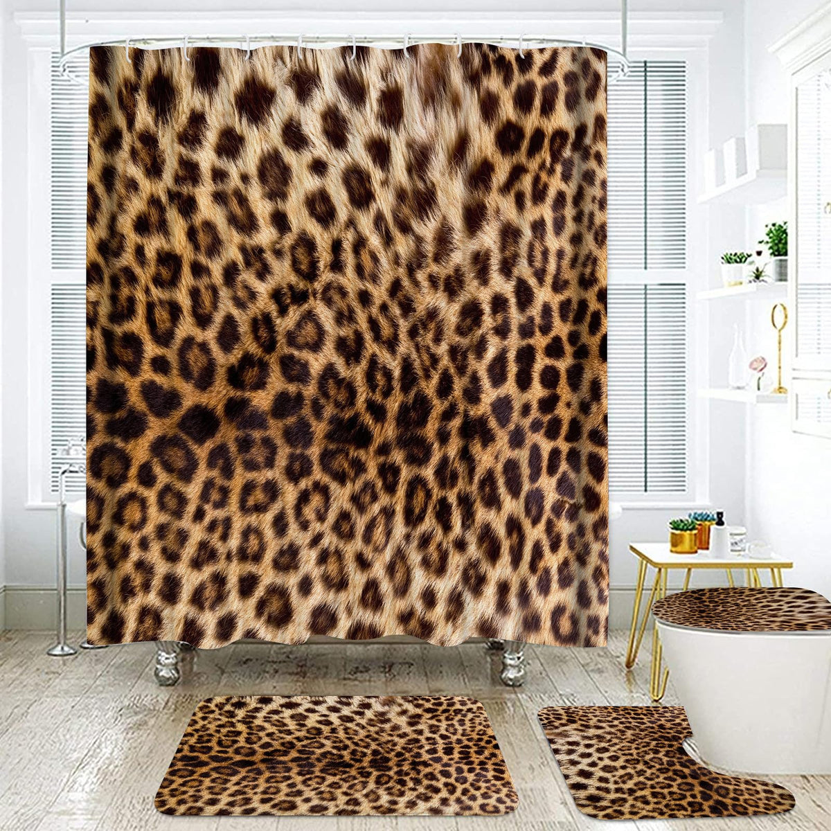 Leopard Shower Curtain 4Pcs Cheetah Print Shower Curtain Sets with Rugs