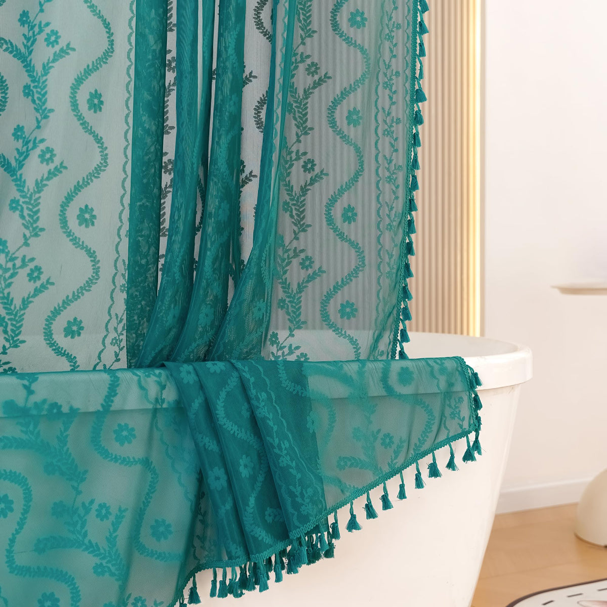 WAZZIO Terracotta Lace Shower Curtain for Bathroom 72" W x 84" L, Victorian Farmhouse Floral Pattern Tassel Fancy Shower Curtain Boho Washable Cloth Decorative Bath Curtains,1 Panel
