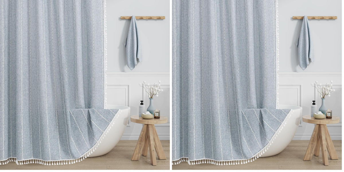 Boho Farmhouse Tassel Linen Shower Curtain,3D Embroidery Stripe Blue,72x72