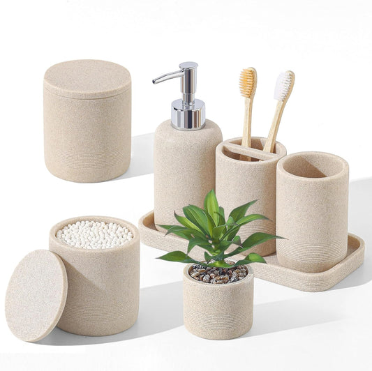 7 PCS Bathroom Accessories Set, Sandstone Look Bath Storage for Home Decor