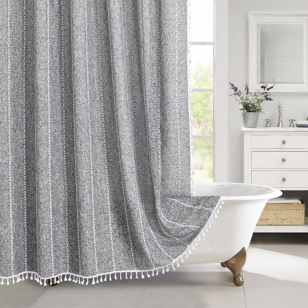 Boho Farmhouse Tassel Linen Shower Curtain,3D Embroidery Stripe Blue,72x72