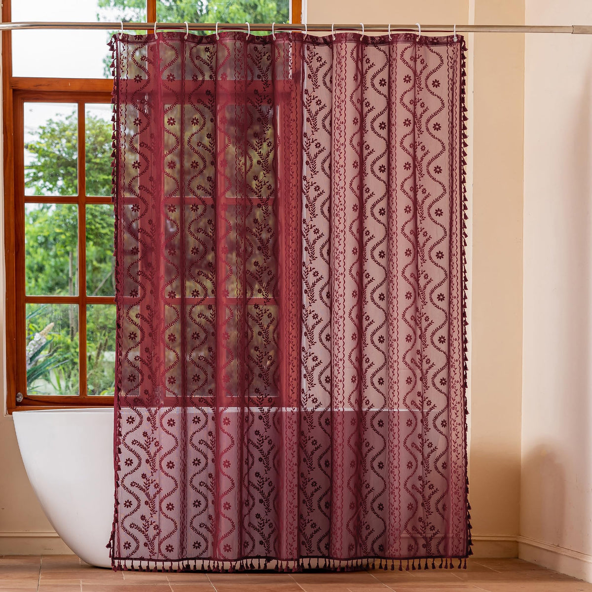 WAZZIO Terracotta Lace Shower Curtain for Bathroom 72" W x 84" L, Victorian Farmhouse Floral Pattern Tassel Fancy Shower Curtain Boho Washable Cloth Decorative Bath Curtains,1 Panel