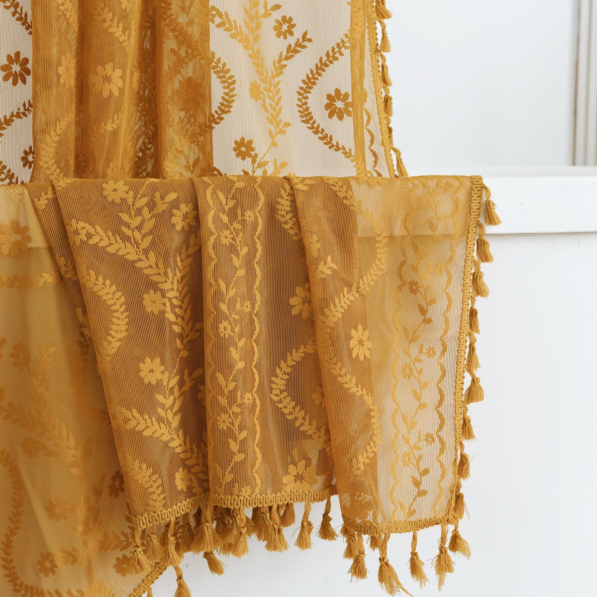 WAZZIO Terracotta Lace Shower Curtain for Bathroom 72" W x 84" L, Victorian Farmhouse Floral Pattern Tassel Fancy Shower Curtain Boho Washable Cloth Decorative Bath Curtains,1 Panel