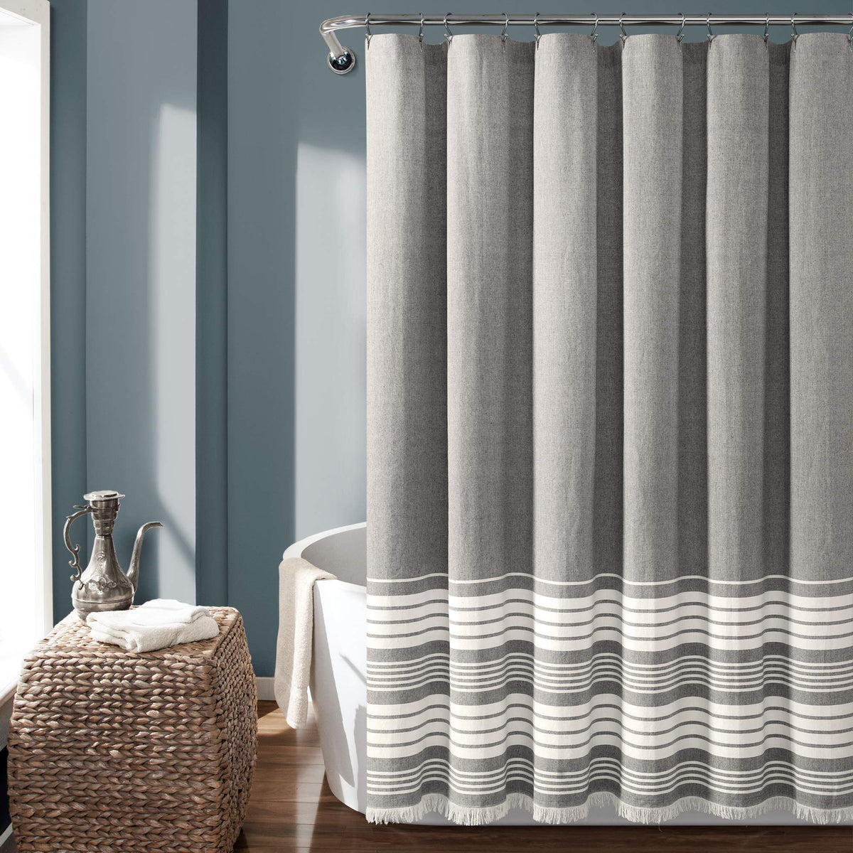 Lush Decor Nantucket Yarn Dyed Cotton Blend Tassel Fringe Shower Curtain Single 72" W x 72" L Navy - Blue Shower Curtains for Bathroom Curtain