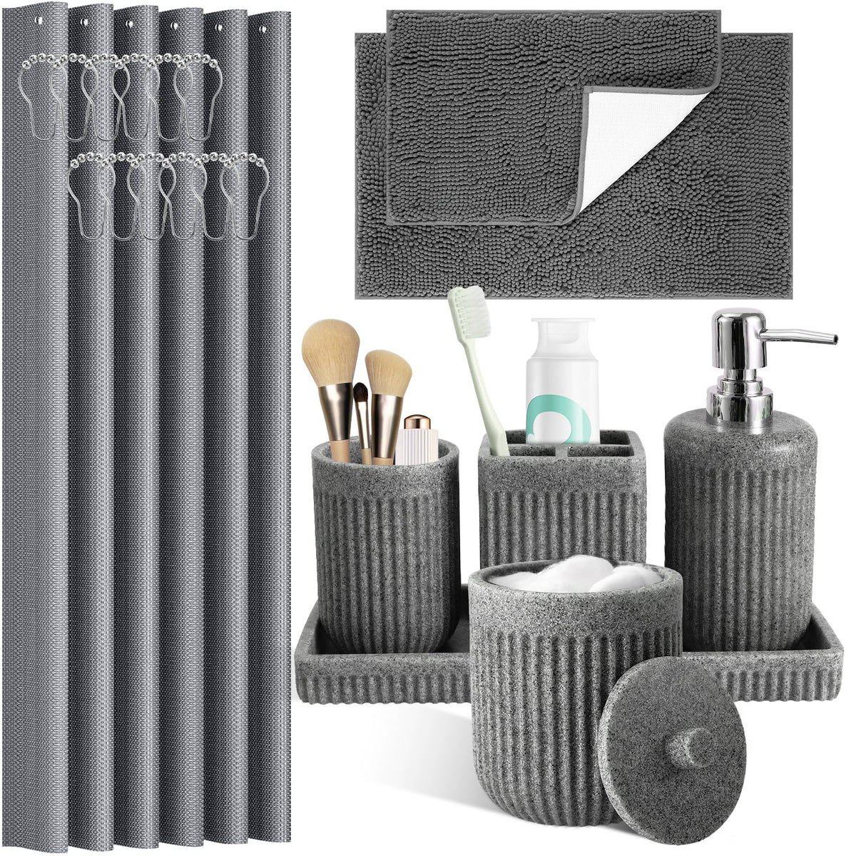 XLHOMO Resin Matte Black Bathroom Accessories Set 5 Pcs, Lotion Soap Dispenser, Toothbrush Holder, Bathroom Tumbler, Qtip Holder and Vanity Tray, Bathroom Countertop Organizer Set for Home Apartment