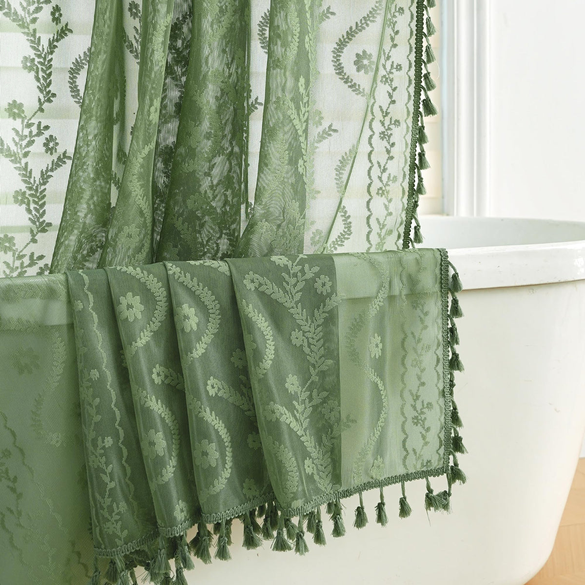 WAZZIO Terracotta Lace Shower Curtain for Bathroom 72" W x 84" L, Victorian Farmhouse Floral Pattern Tassel Fancy Shower Curtain Boho Washable Cloth Decorative Bath Curtains,1 Panel