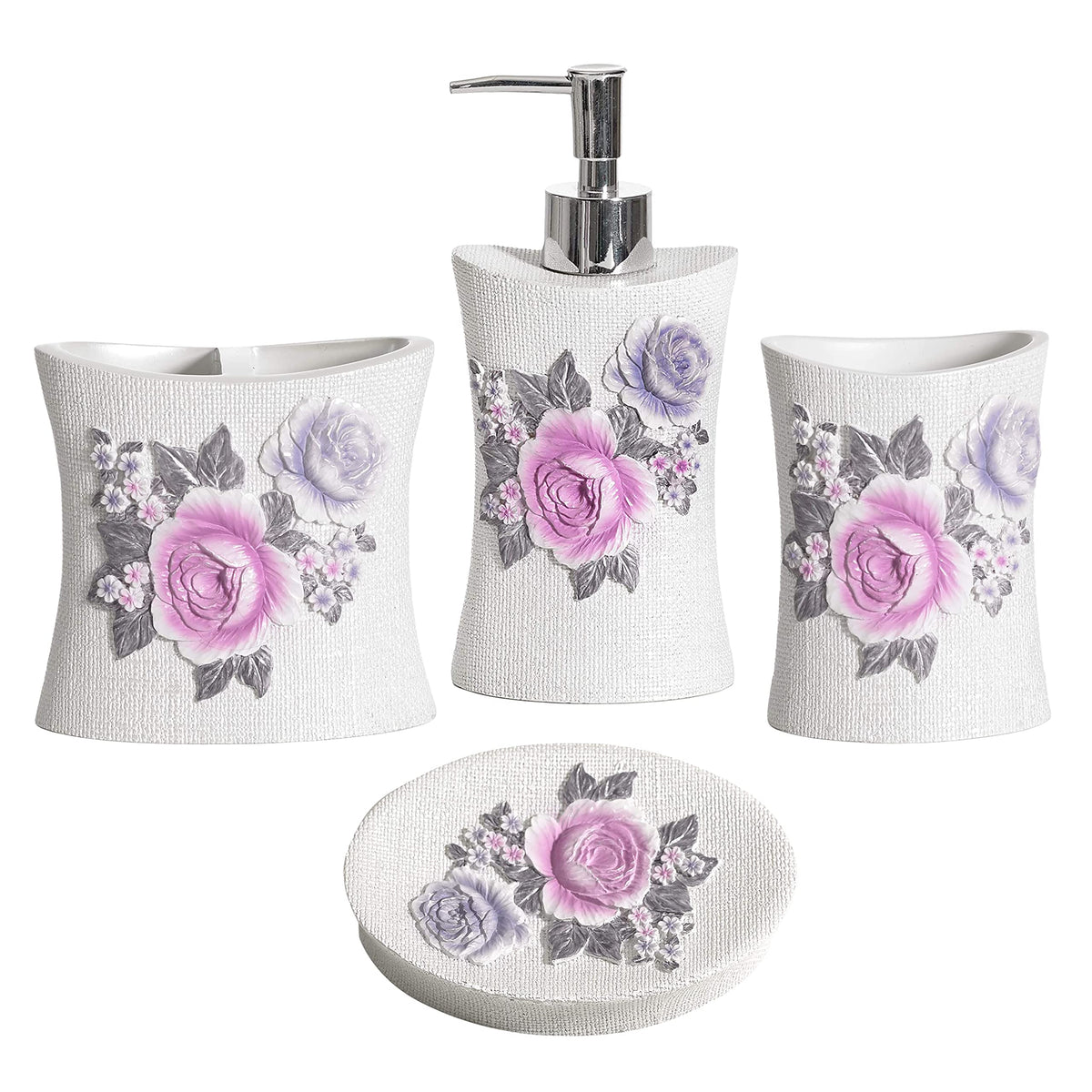 Zahari Home 4pc Modern Line Modern Bathroom Accessories Set Modern Soap Dispenser, Tumbler, Tooth Brush Holder and Dish Soap Holder Luxury Contemporary Grey Decor Unique Design Luxury Bath Set