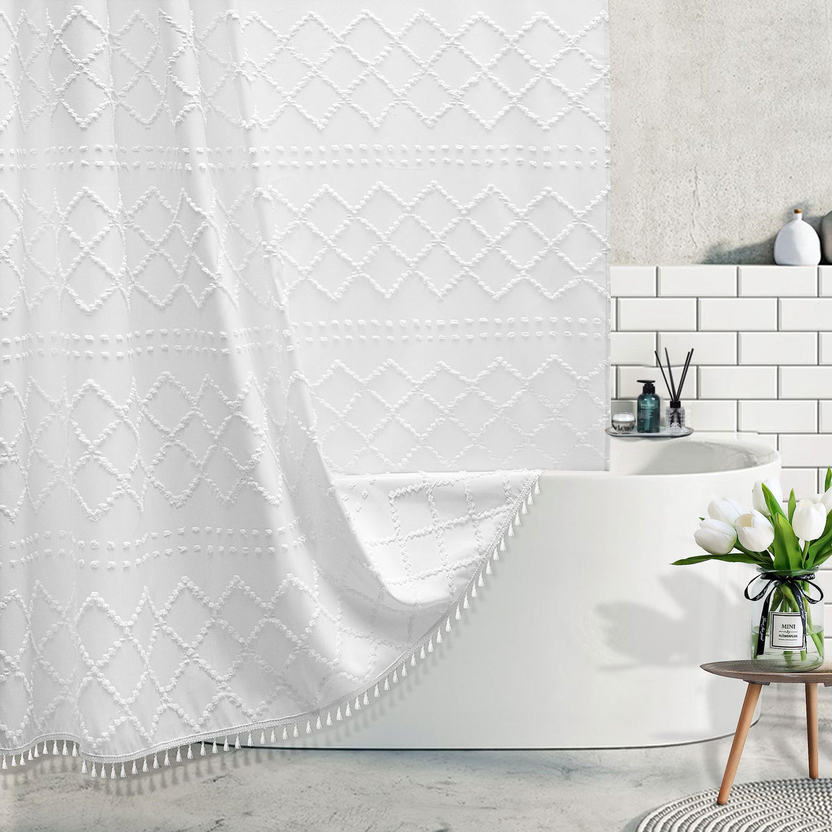 Siiluminisoy Sage Green Boho Shower Curtain Fabric Shower Curtain, 72 x 72 Tufted Chevron Textured Striped Modern Farmhouse Minimalist Cloth for Bathroom