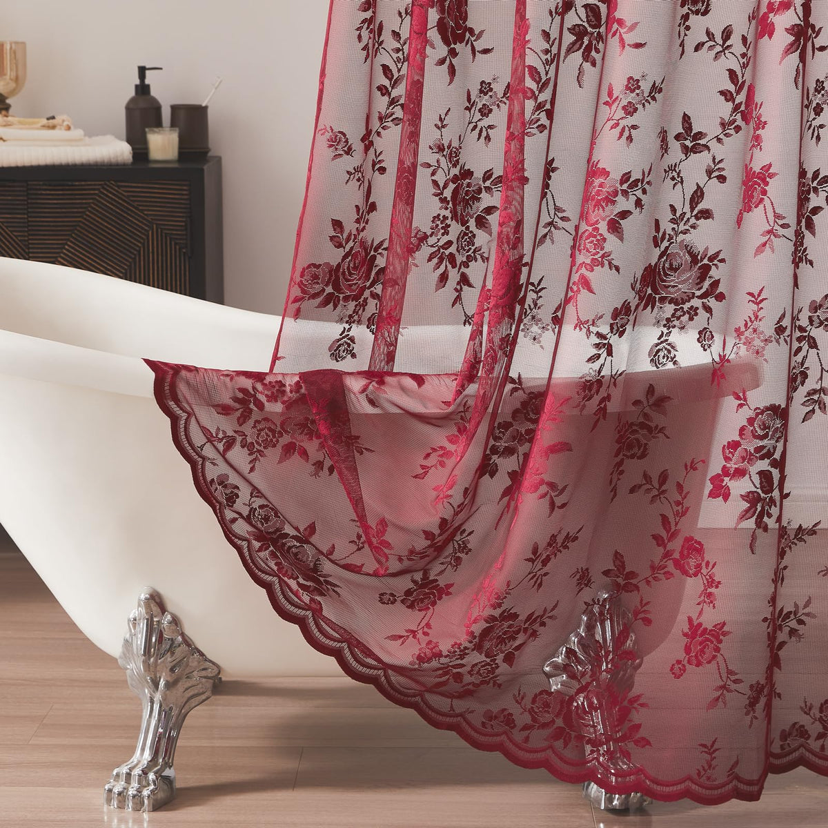 Beige Lace Shower Curtain with Attached Valance Decorative Vintage Floral Shower Curtain for Bathroom Spa Boho Cottagecore Decor Scalloped Edge Shabby Chic Bath Curtains Spa-like Hotel, 72 x 72 Inch