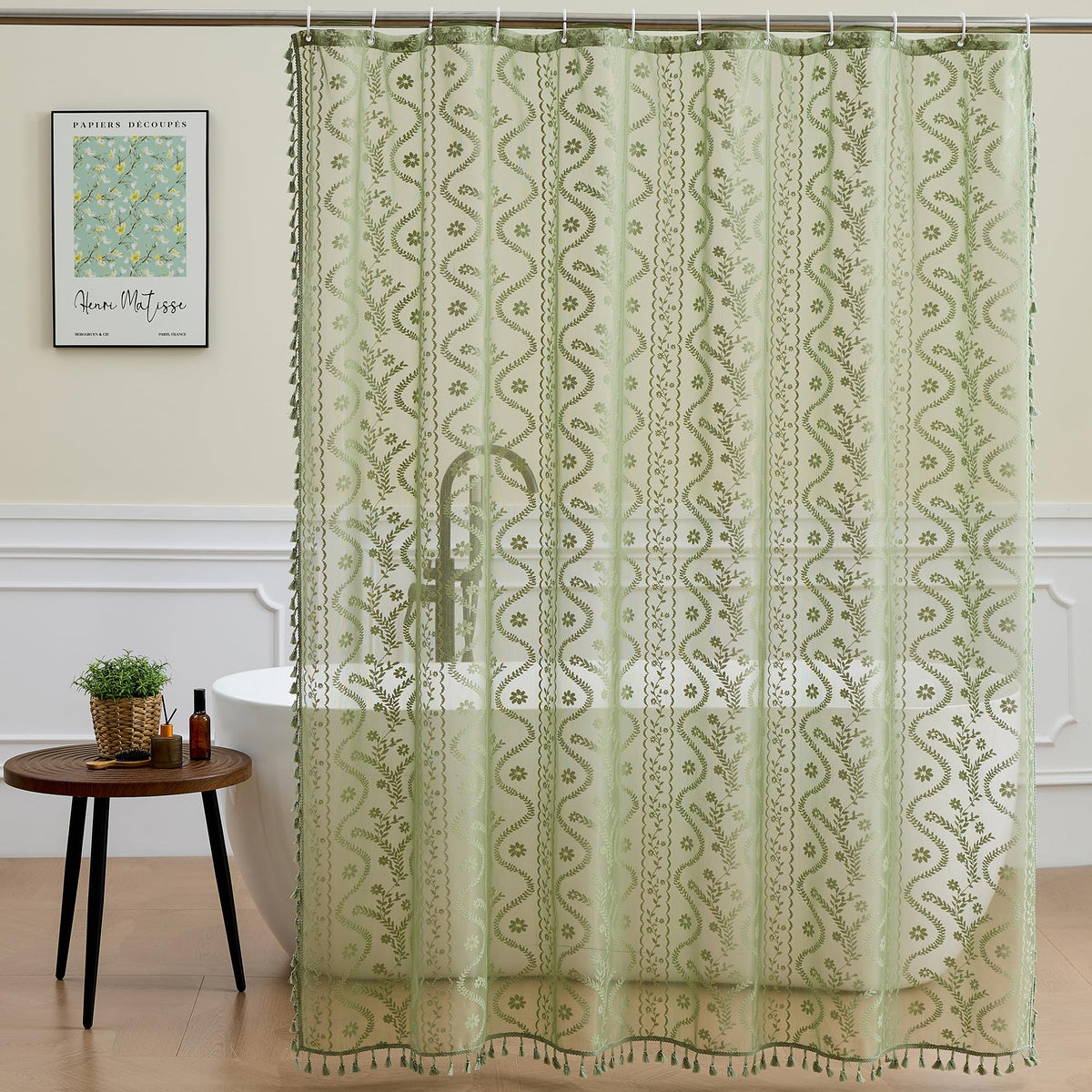 WAZZIO Terracotta Lace Shower Curtain for Bathroom 72" W x 84" L, Victorian Farmhouse Floral Pattern Tassel Fancy Shower Curtain Boho Washable Cloth Decorative Bath Curtains,1 Panel