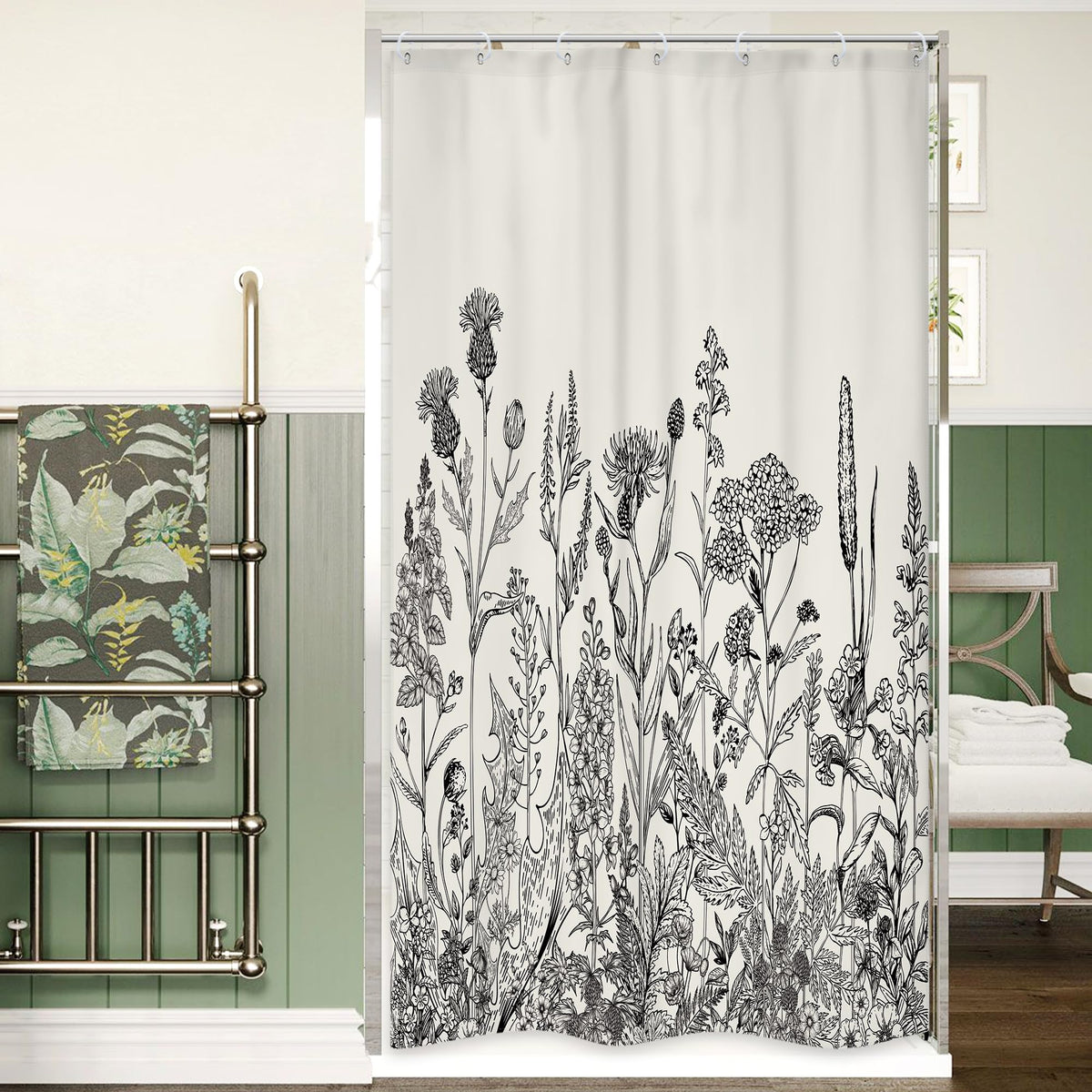Sage Green Floral Wildflower Plant Herbs Nature Bathroom Shower Curtain Set