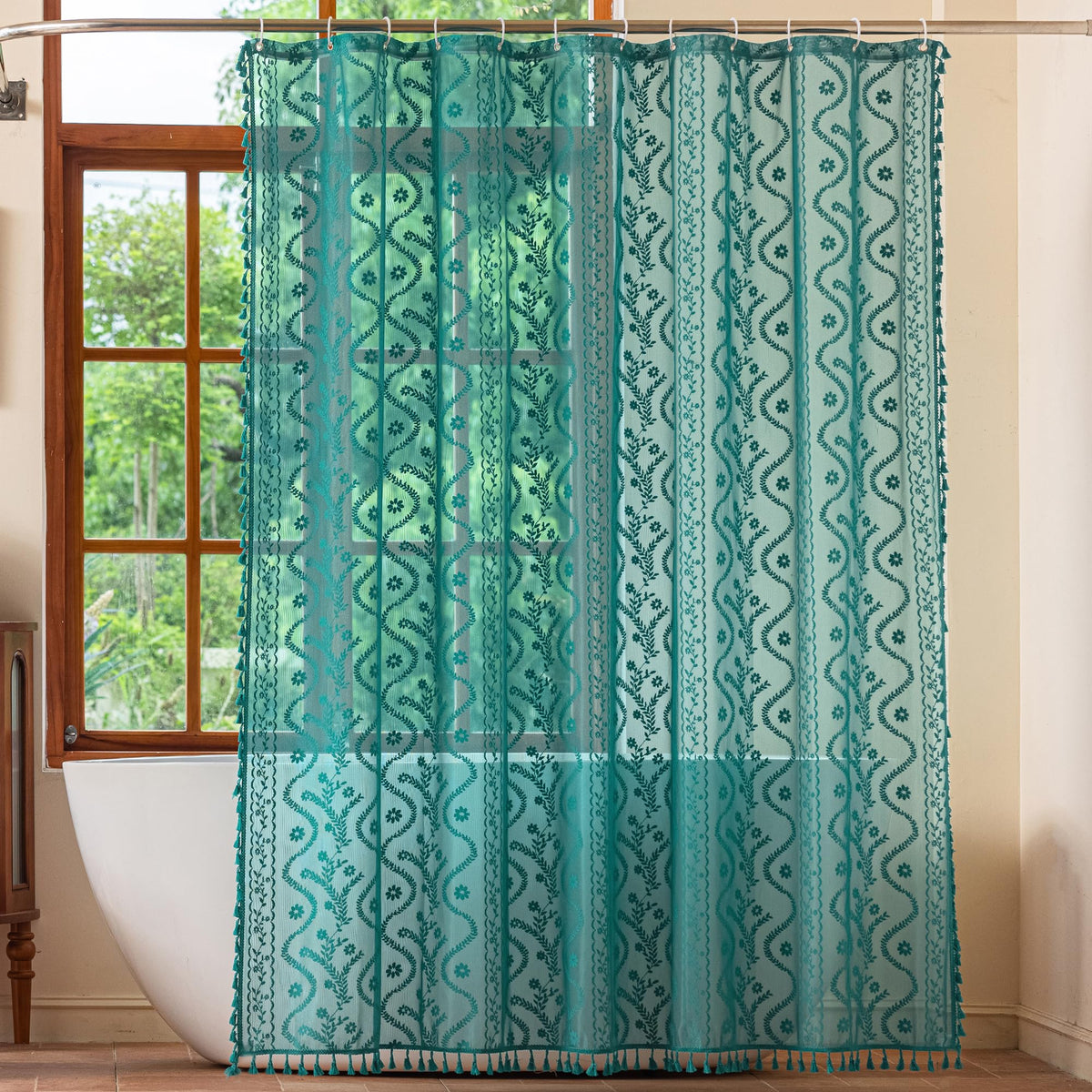 WAZZIO Terracotta Lace Shower Curtain for Bathroom 72" W x 84" L, Victorian Farmhouse Floral Pattern Tassel Fancy Shower Curtain Boho Washable Cloth Decorative Bath Curtains,1 Panel