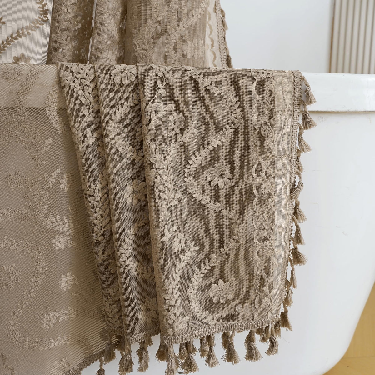 WAZZIO Terracotta Lace Shower Curtain for Bathroom 72" W x 84" L, Victorian Farmhouse Floral Pattern Tassel Fancy Shower Curtain Boho Washable Cloth Decorative Bath Curtains,1 Panel